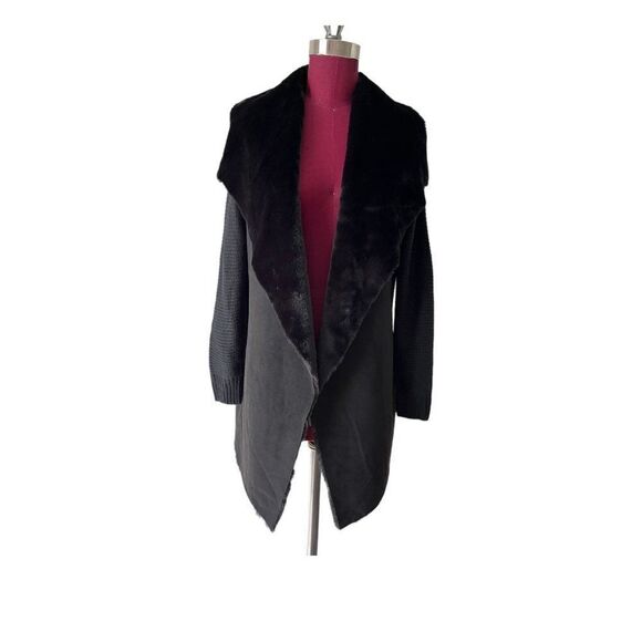 ARIANNA by Howards Black Knit Coat With Faux Fur Wide Collar Women's Sz L/XL - Picture 1 of 10